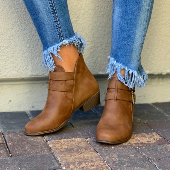 Tan Side Cut Out Cross Double Buckle Ankle Booties - Picture 4 of 8